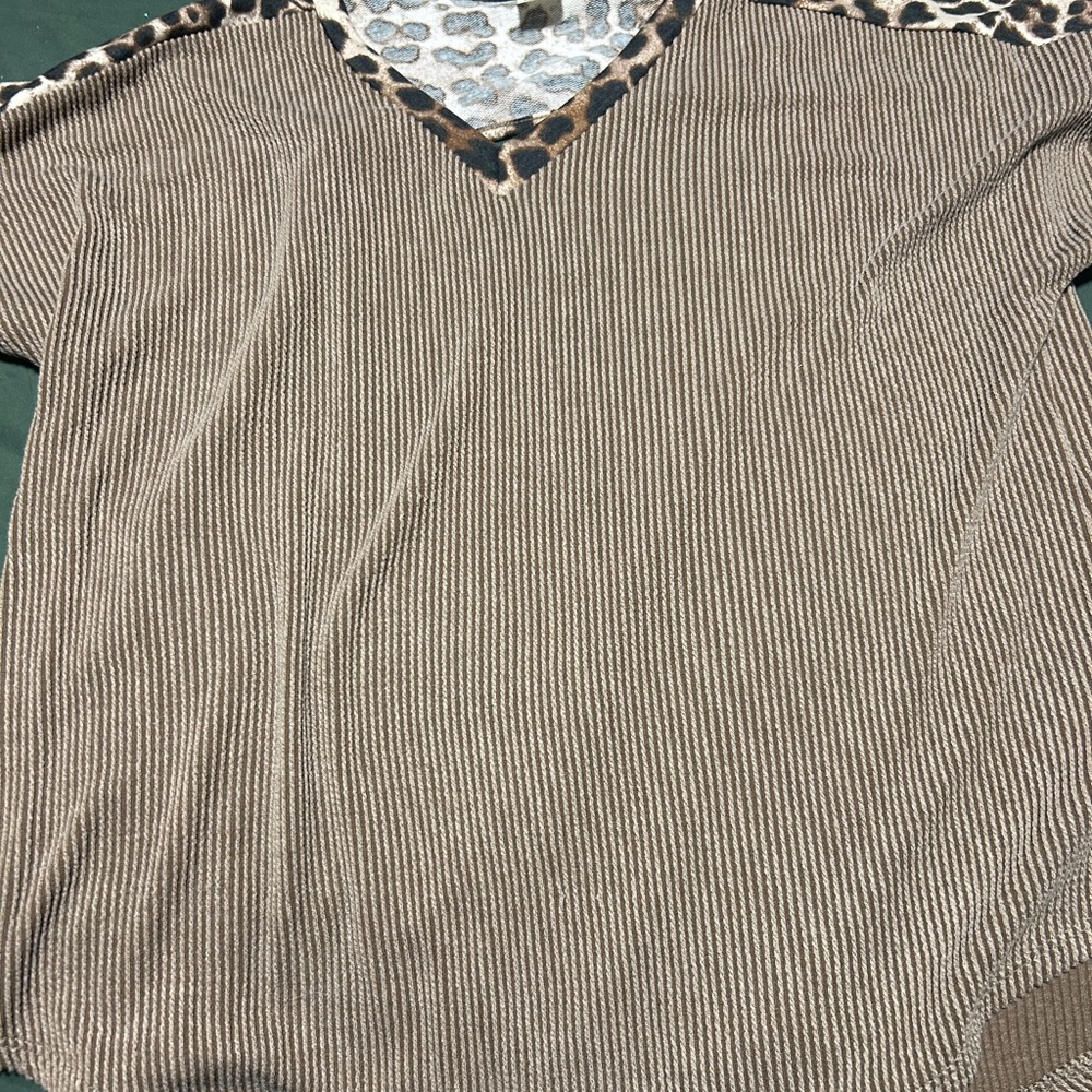 Sew In Love Brown V-Neck Sweater with Leopard Details